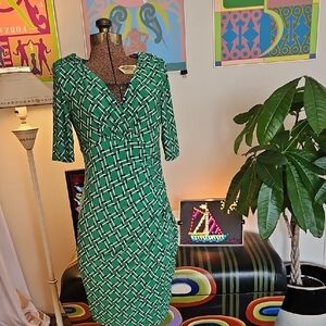 NWOT 2015 Lauren Ralph Lauren Green Navy White Bodycon Midi Dress 3/4 Sleeve 6